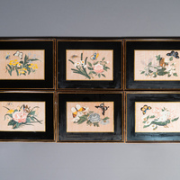 Six framed Chinese rice paper paintings with flowers and butterflies ...