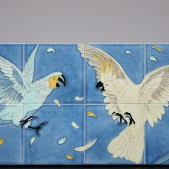 A Hemiksem Gilliot & Cie. Art Nouveau tile panel ca. 1900 with fighting birds