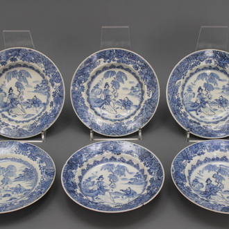 Lot de 6 petites assiettes creuses en porcelaine de Chine, bleu et blanc, 18e-19e