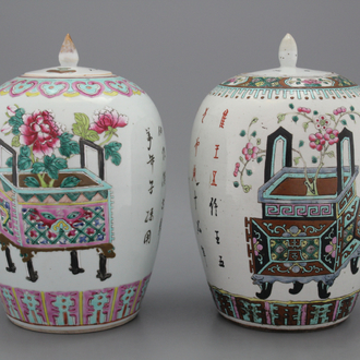 A set of 2 Chinese porcelain famille rose ginger jars, 19th C.