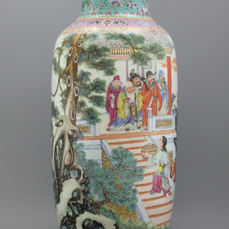 An impressive Chinese porcelain famille rose rouleau vase, Republic, 20th C.