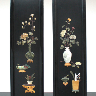A pair of Chinese lacquer and semi-precious stones panels, early 20th C.