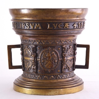 A massive patinated bronze historismus mortar, dated 1573, 19th C.