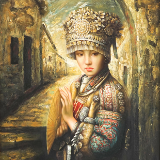Portret van een oosterse dame, gesigneerd Lihung