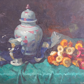 Guillaume Michiels (1909-1997), Stilleven met bloemen en aardewerk