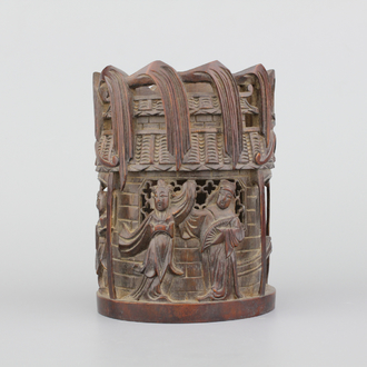 Pot à pinceaux chinois en bois sculpté, 19e-20e