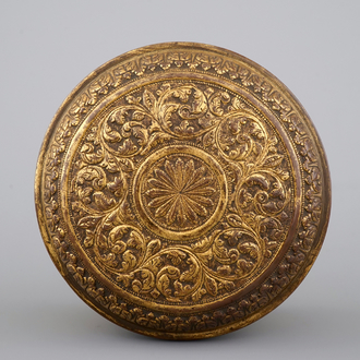 A cylindrical brass box and cover, 16/17th C., probably Nuremberg