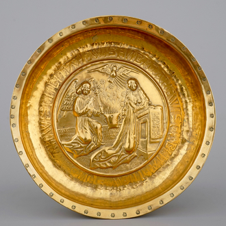 A large Nuremberg brass alms bowl showing "The Annunciation, 16th C.