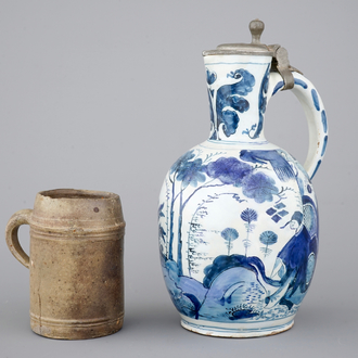 A Dutch Delft blue and white chinoiserie jug, 17th C. and a stoneware mug, 15th C.