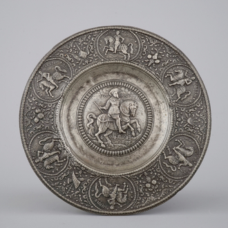 A German pewter relief plate, probably Nuremberg, early 17th C.