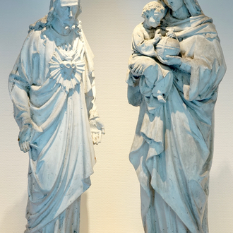 A set of two 100 cm plaster casts Mary with Child and Christ with the sacred heart, 19/20th C., Bruges