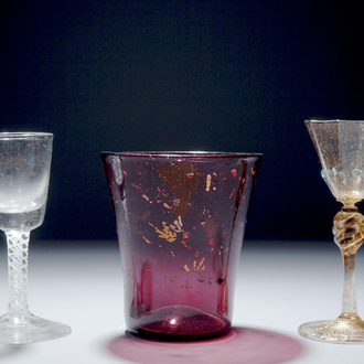 A lot of 3 various colored glasses, 18th C.