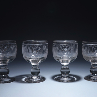 A lot of 4 engraved masonic glasses (freemasonry), 20th C.