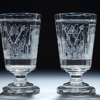 2 engraved masonic subject glasses, freemasonry, 20th C.