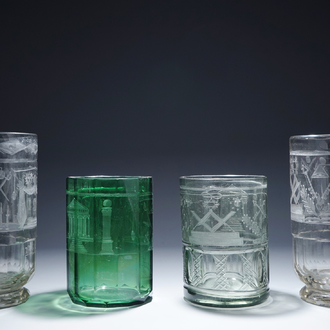 A lot of 4 engraved masonic glasses, freemasonry, 19/20th C.