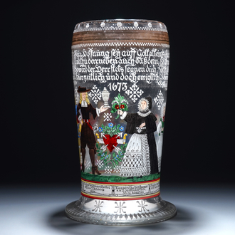 A large German painted wedding glass or stein, Fritz Heckert, Bohemia, 19th C.