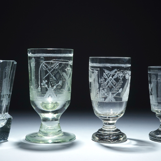 A lot of 4 engraved masonic subject glasses, freemasonry, 20th C.