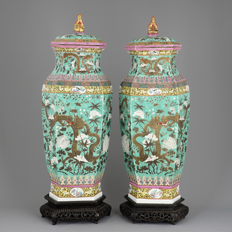 A massive pair of Chinese hexagonal turquoise ground vases and covers of Dayazhai style, 19th C.