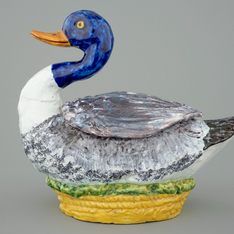 A Brussels faience polychrome duck-shaped tureen and cover, 18th C.
