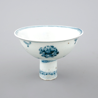 A Chinese blue and white porcelain stemcup with flowers and birds, early Ming, ca. 1500