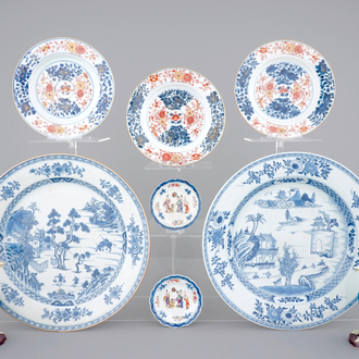 Two large blue and white dishes, 3 Imari plates, two mandarin saucers, all 18th C. and two ducks, 19/20th C.