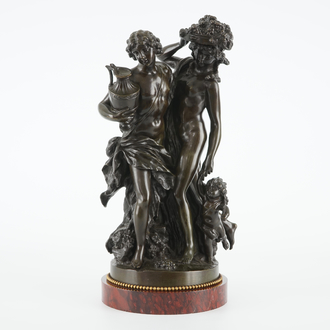 After Claude Michel Clodion (1738-1814), A bronze group of two maenads with a child, 19th C.