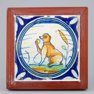 A medallion tile with a monkey holding a ball, ca. 1600, Southern Netherlands