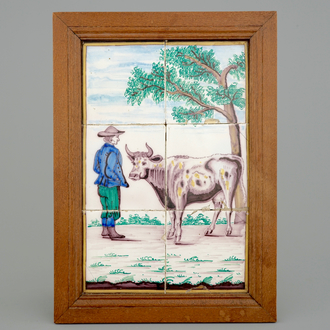Un panneau de carreaux polychrome au berger et sa vache, 19ème