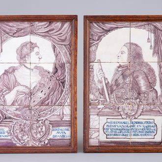 Een paar Delftse tegeltableaus met Willem IV & Anna van Oranje-Nassau, 18e eeuw