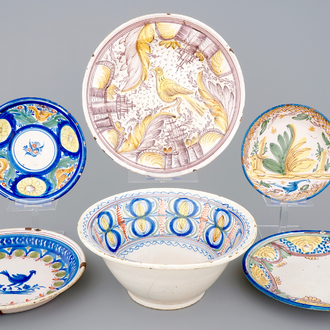 19th C. Spanish Talavera ceramics: five dishes and a bowl