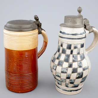 A stoneware jug and a Köln pewter-mounted jug, 18th c.