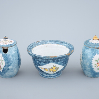 2 Brussels faience blue ground mustard jugs and a bowl, 18th C.