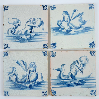 Een set van 4 Gentse tegels met zeewezens, 17e eeuw