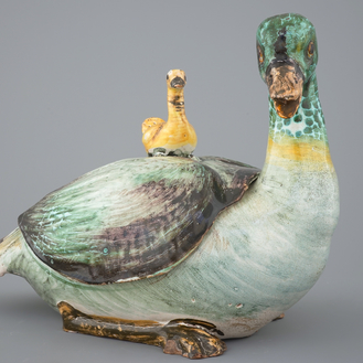 A polychrome duck-shaped tureen and cover, prob. Brussels, 18th C.