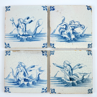 4 carreaux de Delft aux monstres marins, Gand, 17ème