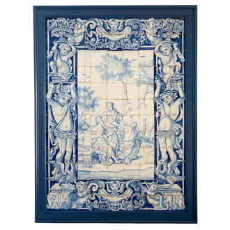 Een groot blauw-wit Portugees tegeltableau met mythologisch decor, 17e eeuw