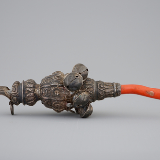 An English silver baby rattle whistle with coral, 19th C.