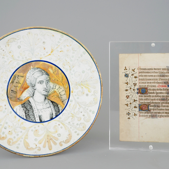 An Italian maiolica 'Bella Donna" plate, 19th C. and a page from a Book of Hours, 13th C.