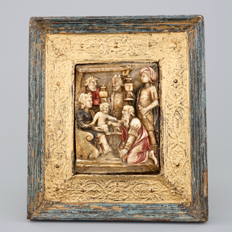 A polychrome Malines alabaster relief: "The adoration of the magi", ca. 1600