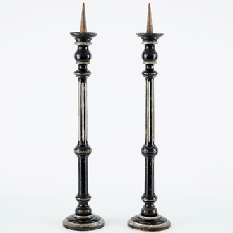 A pair of tall painted wood candle sticks, France, 19th C.