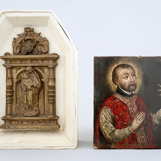 A small portrait of Ignatius Loyola and a bronze shrine, 18/19th C.