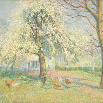 Adolf Baeyens (1886-1969), a pointillistic summer view with chickens, oil on canvas
