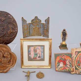 A set of various religious items, incl. a miniature on vellum, travel icons, etc..