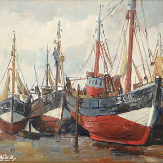 Guillaume Michiels (1909-1997), Vissersboten in Zeebrugge, olie op doek