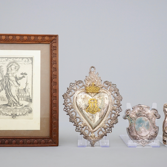 A set of 3 silver ex-voto and an engraving, 18/19th C.