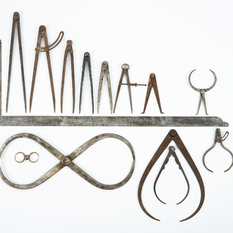 A set of wrought iron compasses and measuring tools, 18/19th C.