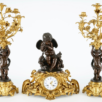 A large three-piece ormolu bronze clock garniture, signed Bardon à Montpellier, 19th C.