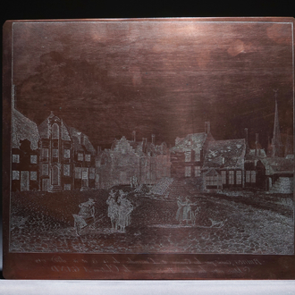 A brass etching plate, A view on Ghent after the large fire of 1789, 19th C.