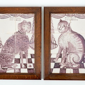Een paar Delftse tegeltableaus met kat en hond in mangaan, 18e eeuw