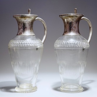 A pair of silver-lidded crystal flasks, prob. Germany, 19th C.